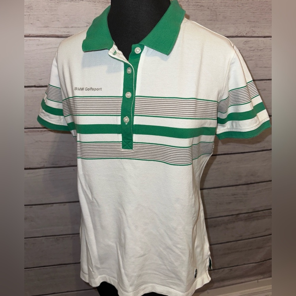 BMW Green and White Striped Polo Blouse